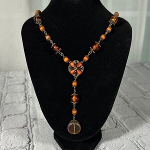 Elegant Burnt Orange Beaded Teardrop Statement Necklace 19”